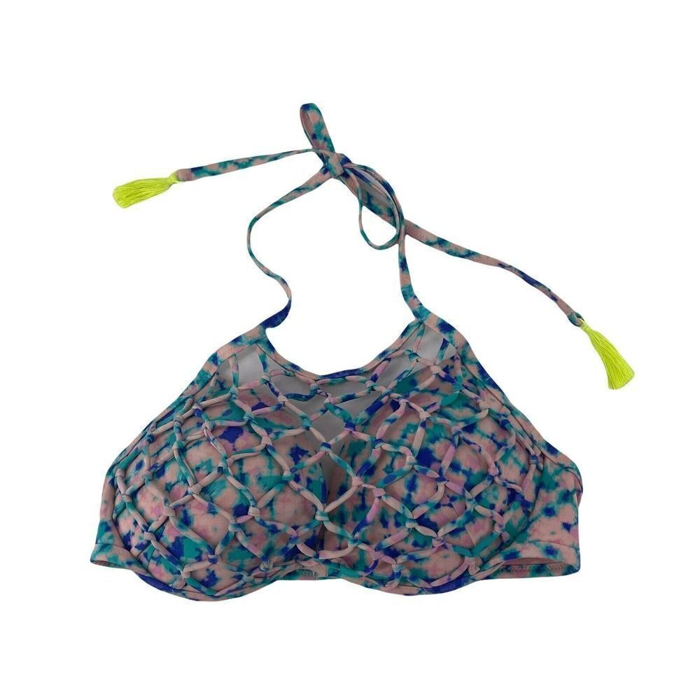Shade & Shore Bikini Top Fish Net High Neck Pink Tie Dye 36C Bohemian Tassel Top